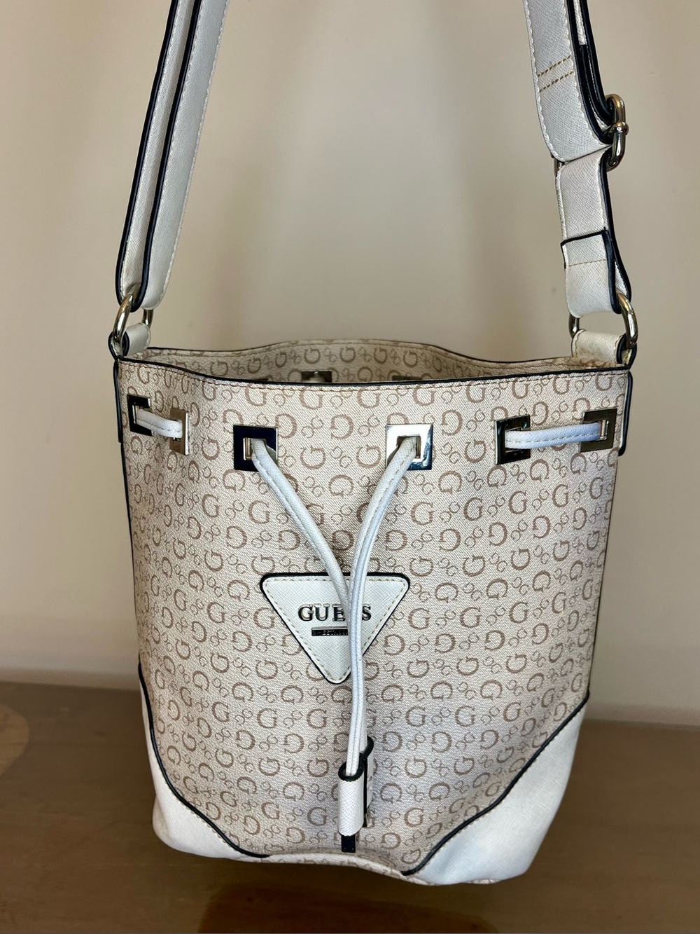 Guess Small Crossbody Bucket Bag, Monogram, Signature, Ivory, Coated, Adjustable